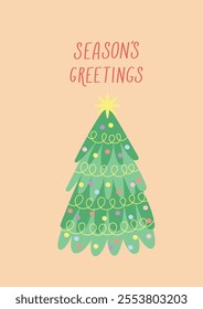 Xmas card with Christmas tree and hand written text Vector card design template