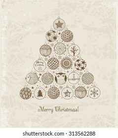 Xmas card with Christmas tree made of sketchy Christmas balls