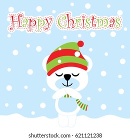 Xmas card with cute bear enjoy snow fall vector cartoon, Xmas postcard, wallpaper, and greeting card, vector illustration