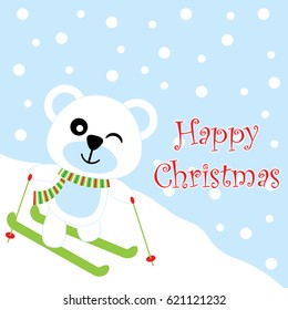 Xmas card with cute bear play ski vector cartoon on snow background, Xmas postcard, wallpaper, and greeting card, vector illustration