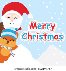 Xmas card with cute Fox and Santa Claus smile vector cartoon, Xmas postcard, wallpaper, and greeting card, vector illustration