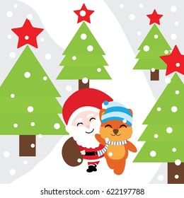 Xmas card with cute Fox and Santa Claus walk in the forest vector cartoon, Xmas postcard, wallpaper, and greeting card, vector illustration