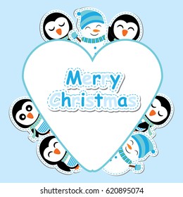 Xmas card with cute penguin and snowman vector cartoon on love frame, postcard, wallpaper, and greeting card, vector illustration