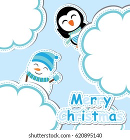 Xmas card with cute penguin and snowman vector cartoon on cloud frame, postcard, wallpaper, and greeting card, vector illustration