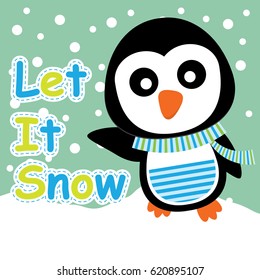 Xmas card with cute penguin vector cartoon on snow background, postcard, wallpaper, and greeting card, vector illustration