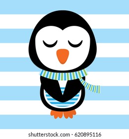 Xmas card with cute penguin vector cartoon on striped background, postcard, wallpaper, and greeting card, vector illustration