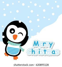 Xmas card with cute penguin vector cartoon on snow fall background, postcard, wallpaper, and greeting card, vector illustration