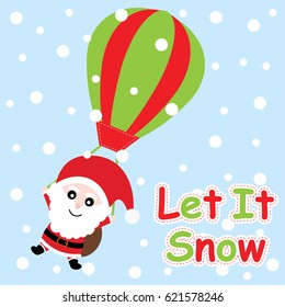 Xmas card with cute Santa Claus fly with air balloon vector cartoon, Xmas postcard, wallpaper, and greeting card, vector illustration
