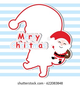 Xmas card with cute Santa Claus vector cartoon on blue striped background, Xmas postcard, wallpaper, and greeting card, vector illustration