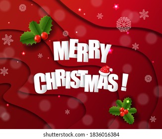 Xmas Card With Holly Berry Red Background With Gradient Mesh, Vector Illustration