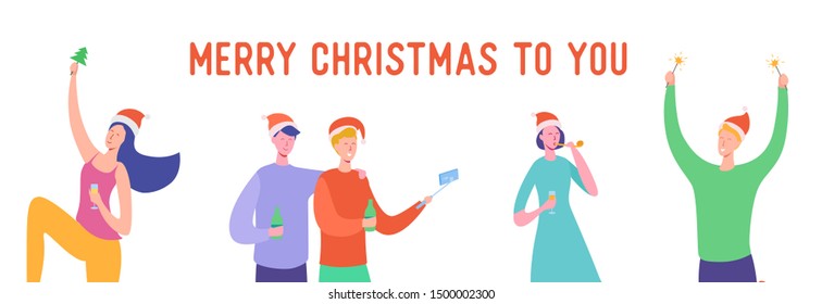 Xmas Card or Invitation Poster. People characters having a party, friends and family dancing, women and men celebrating Merry Christmas and Happy New Year night. Vector illustration