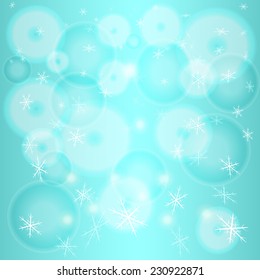 Xmas card with lights and snowflakes on light blue background