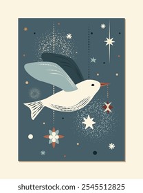 xmas card with one cute bird with star and tree decorations in minimalist style. vector graphic winter illustration. simple flat vector xmas template with bird for posters, cards, backgrounds