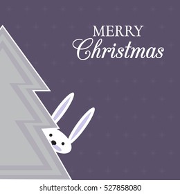 Xmas card with pine tree and cute rabbit. Christmas New Year banner. Vector.