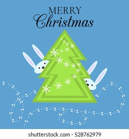 Xmas card with pine tree and two cute rabbits. Christmas New Year banner. Vector.