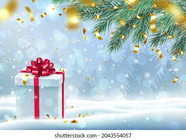 Xmas card with present box and copy space for text. 2022 Merry Christmas and Happy New Year background with gift box decorated with red bow against blurred snowy backdrop realistic vector illustration
