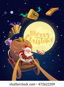 X-mas Card. Santa with the bunch of presents and candies riding on a sleigh. Moon Cgristmas background. Merry Christmas Lettering. Vector illustration.