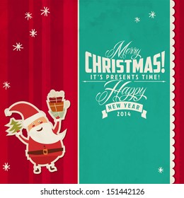 xmas card with santa claus and manuscript elements happy classic vacation traditional snow holiday background scene edge ball red new ceremony christmas celebration ornate fancy cool smiling set santa