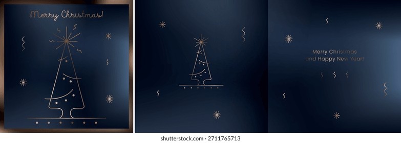 Weihnachtskarten Set mit Weihnachtsbaum und Bronze Akzenten. Weihnachtsvorlage für das neue Jahr. Innen- und Außendesign im minimalistischen Luxusstil