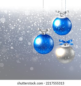 Xmas Card With Silver And Blue Balls With Gradient Mesh, Vector Illustration
