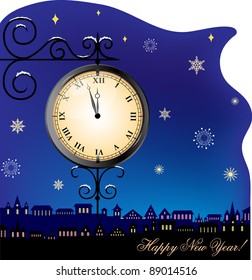 X-mas card with a street clock, falling snow and silhouette of night town