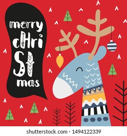 Xmas card with stylized christmas deer and fir tree on red background. Unique hand drawn design.Vector illustration. Great for greeting postcard, nursery poster.