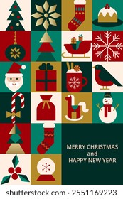 Xmas card with stylized symbols of Merry Christmas and Happy New Year in bauhaus style. Flat vector illustration. Festive background. Template for poster, invitation, flier, cover, label