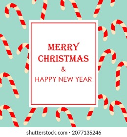 Xmas card template with text Merry Christmas and happy new year and candy cane pattern on blue background. Flat design vector illustration