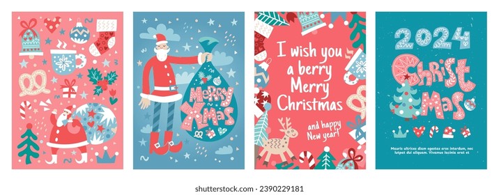 Xmas cards. Merry christmas patterns, abstract new year modern art, ornament on tree, bauble for holidays. Santa Claus with gifts. 2024 lettering, congratulation phrases vector illustration background