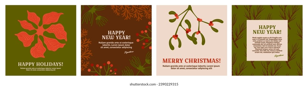 Xmas cards. Minimal pattern background set, merry Christmas trees branches and winter botanical elements, modern holiday red, green eve colors, poinsettia and mistletoe vector greetings and invitation