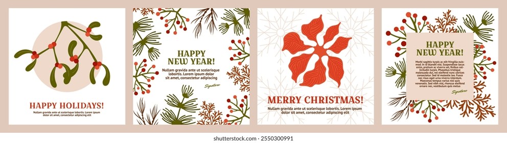 Tarjetas de Navidad. Conjunto de fondo de patrón mínimo, alegres ramas de árboles de Navidad y Elementos botánicos de invierno, rojo de vacaciones moderno, colores de víspera verdes, poinsettia y muérdago saludos de Vector e invitación