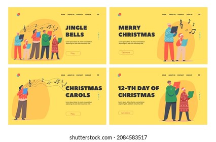 Xmas Carols Landing Page Template Set. Happy Children Christmas Characters in Santa Claus Hats and Knit Sweaters Singing with Song Books. Kid Caroling at Eve Night. Cartoon People Vector Illustration