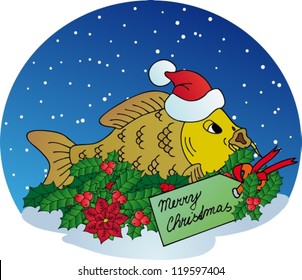 Xmas carp on snow background - vector illustration.
