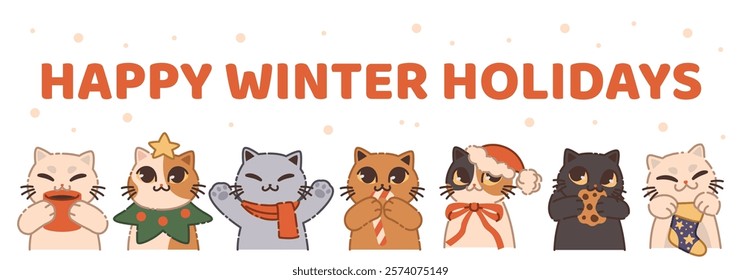 Xmas cat. Happy holiday greeting card. Winter animal. Cute pet with scarf and New Year sock. Funny kitty character. Merry Christmas celebration. Kitten snow icon. Kids background. Vector doodle banner