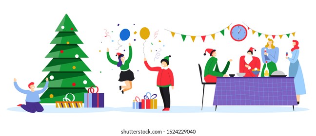 Xmas celebration by kids and their parents vector. Children and adults sitting by table, eating and drinking. Boys and girls having fun by Christmas tree. Decorated pine with presents and gifts