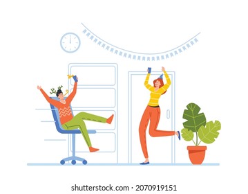 Xmas Celebration in Office, Happy Business People at Christmas and New Year Corporate Party. Positive Man and Woman in Hats Dancing with Champagne Glasses Having Fun. Cartoon Vector Illustration