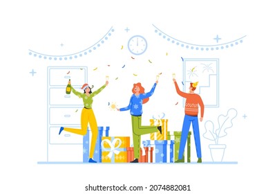 Xmas Celebration in Office, Happy Business People at Christmas and New Year Corporate Party. Positive Man and Woman in Hats Dancing with Champagne Glasses Having Fun. Cartoon Vector Illustration