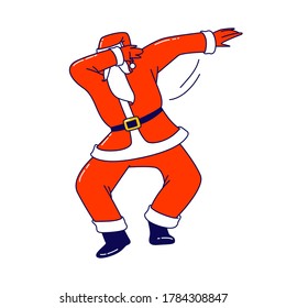 Xmas Celebration, Santa Claus Dabbing Motion. Funny Man in Red Costume Dab Disco Dancing. Christmas Character Performing Modern Dance at Party Isolated on White Background. Linear Vector Illustration