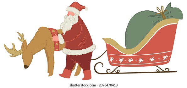 Xmas character with reindeer and sleigh full of presents, isolated Santa Claus delivering gifts for winter holidays. Celebration and fun during frosty season, father frost and deer. Vector in flat
