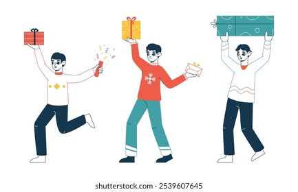 Xmas characters carrying xmas gifts boxes. Festive people with Christmas gifts, holidays gifts flat vector illustration. Happy folks with presents