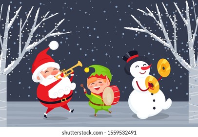 Xmas characters with musical instruments singing songs. Caroling of Santa Claus, elf and snowman. Trumpet and drums accompaniment. Winter landscape and snowy weather. Christmas time, vector in flat