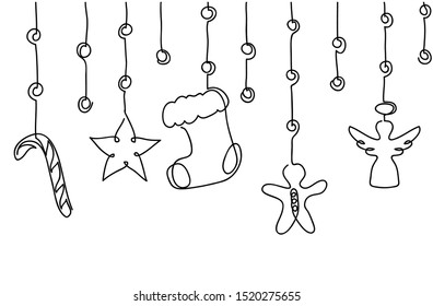 Xmas  Christmas decorative hanging border  Vector background  banner and candy cane  angel  star  sock  stock  gingerbread man 