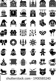 xmas or christmas icons related house, church, decoration globe, chimney, cable car, cap, socks, gloves, snowman, candle, clock, elf cap, animals, van, tea cup, and wreath vector in solid design