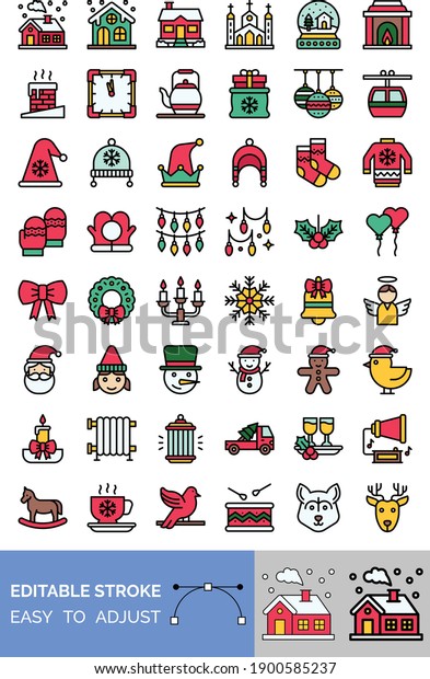 xmas or christmas icons related house, church,\
decoration globe, chimney, cable car, cap, socks, gloves, snowman,\
candle, clock, elf cap, animals, van, tea cup, and wreath vector\
with editable stroke
