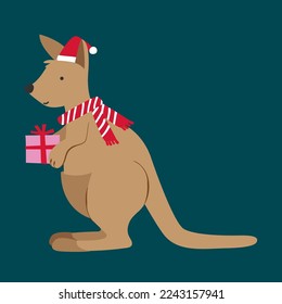 Xmas Christmas Kangaroo holding a Present with hat and scarf