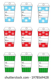 Xmas christmas new year holiday season gift tags set nine gift tags cofee mug blue, red and green colors, snow, knit texture