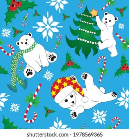 Xmas christmas new year seamless pattern vector with polar bear, christmas tree, candy cane, holly and snow