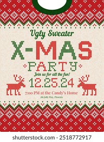 X-MAS Christmas party invitation ugly sweater design, festive red, green, white knitted patterns. Reindeer motifs, playful typography, fun cozy holiday atmosphere, touch of nostalgia. Ugly Sweater Par