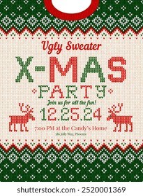 X-MAS Christmas party invitation ugly sweater design, festive red, green, white knitted patterns. Reindeer motifs, playful typography, fun cozy holiday atmosphere, touch of nostalgia. Ugly Sweater Par