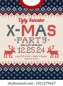 X-MAS Christmas party invitation ugly sweater design, festive red, blue, white knitted patterns. Reindeer motifs, playful typography, fun cozy holiday atmosphere, touch of nostalgia. Ugly Sweater Part